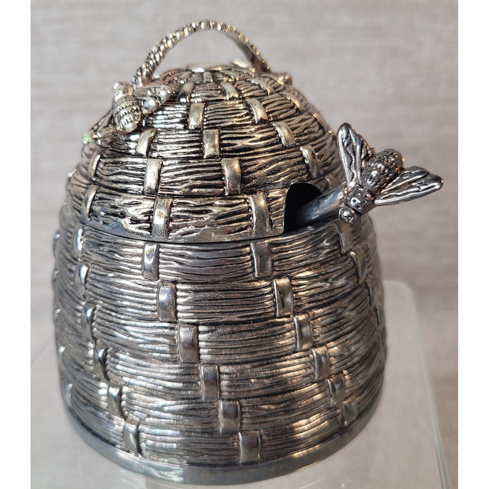 Godinger Art Beehive Honey Pot w/ Lid & Bee Honey Dipper Silver Plate Complete